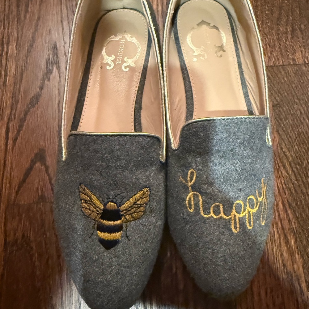 C. Wonder Gray and Gold Embroidered Loafers